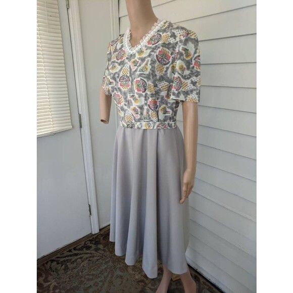 60s 70s Gray Print Dress Short Sleeve Polyester Vintage L 41 Bust - Picture 7 of 8